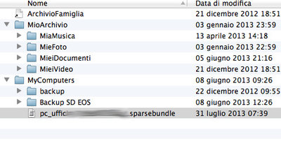 Vecchio disco Sparsebundle montato su Stora per copia di Time Machine